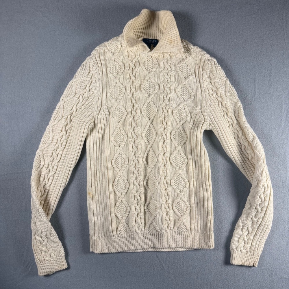Vintage Mens Cream Cable Knit Cotton Mock Neck Fisherman Sweater Small Chaps